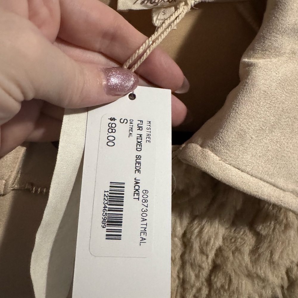Mystree Neutral Taupe Faux Suede Jacket with Plush Trim